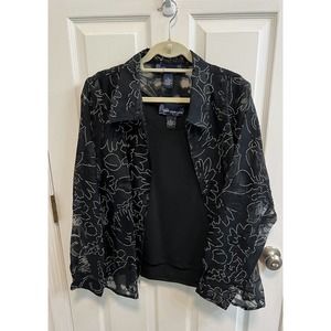 Susan Graver XL Tank Burn Out Full Zip Blouse Set Black White Preowned